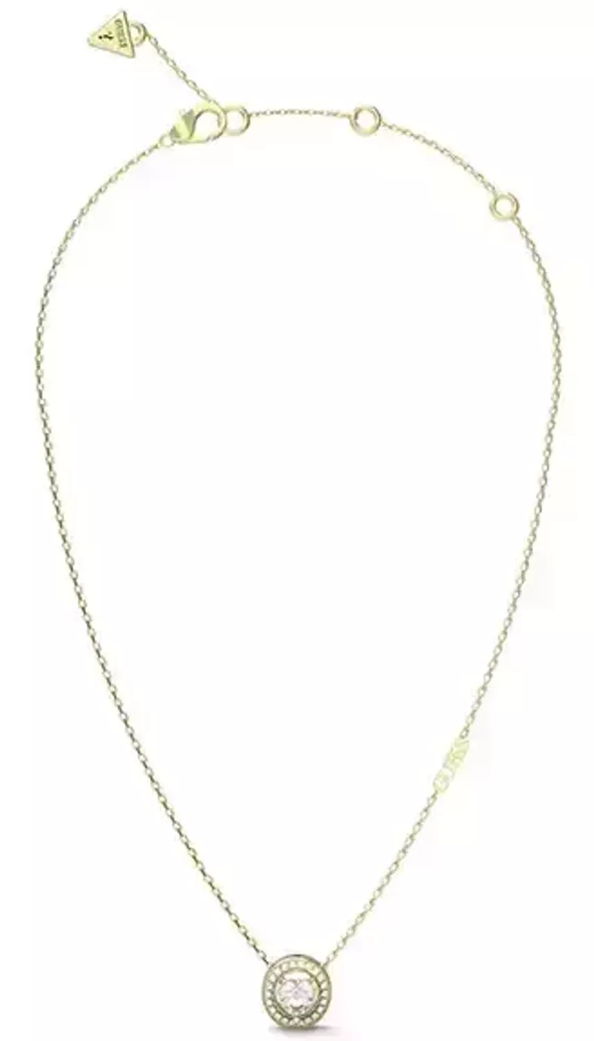 Naszyjnik GUESS JUBN04667JWYGTU Stalowy, naszyjnik składający się z łańcuszka z zawieszką ozdobioną w cyrkonie z logo Guess. Wyjątkowa ozdoba, która świetnie się sprawdzi jako dodatek do eleganckich stylizacji2.webp