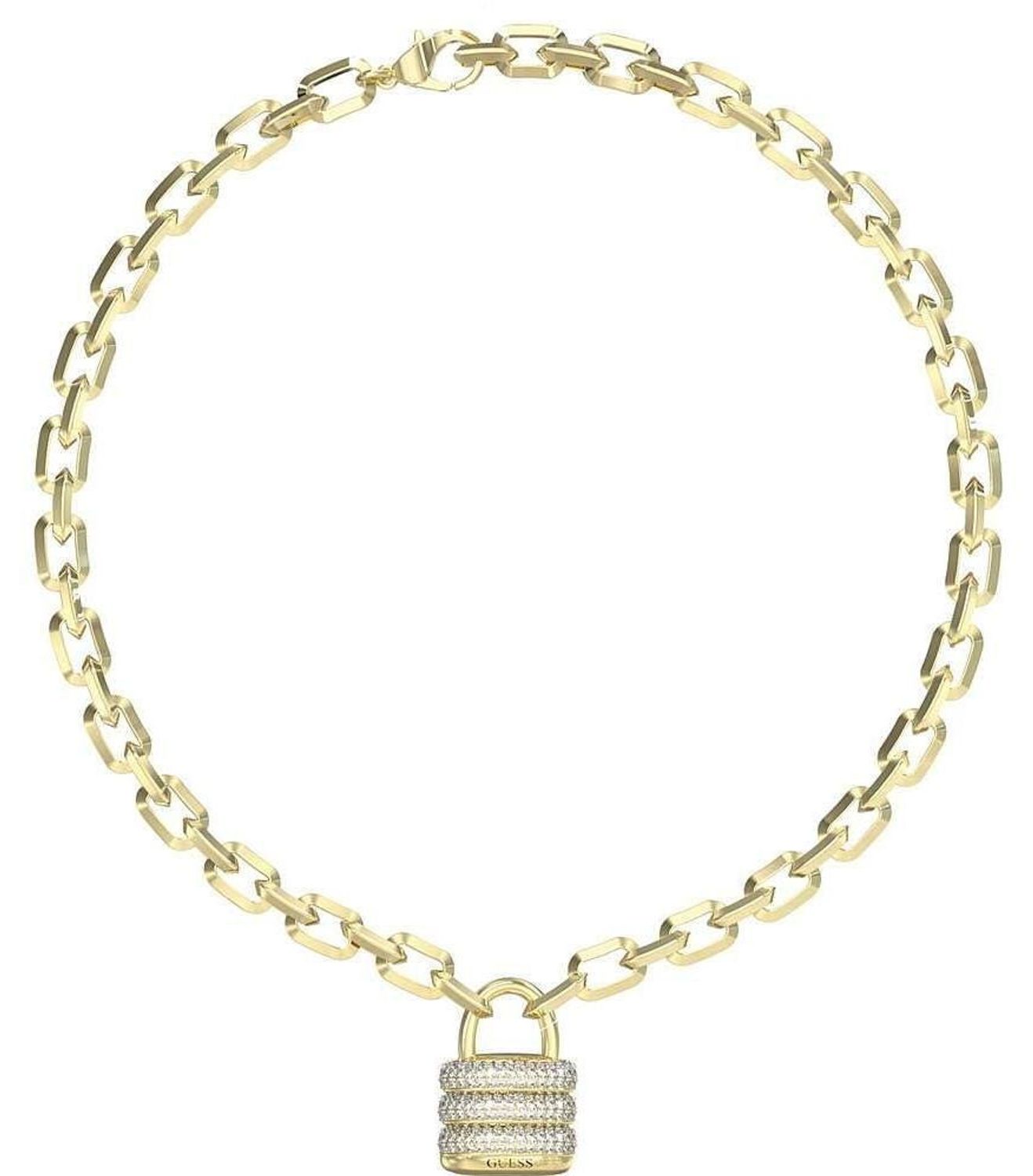 Pozłacany naszyjnik GUESS JUBN05415JWYGTU z zawieszką w kształcie kłódki i zdobieniem z kamieni. Wykonany ze stali szlachetnej, łączy elegancję i trwałość. Idealny na co dzień i wyjątkowe 1.jpg