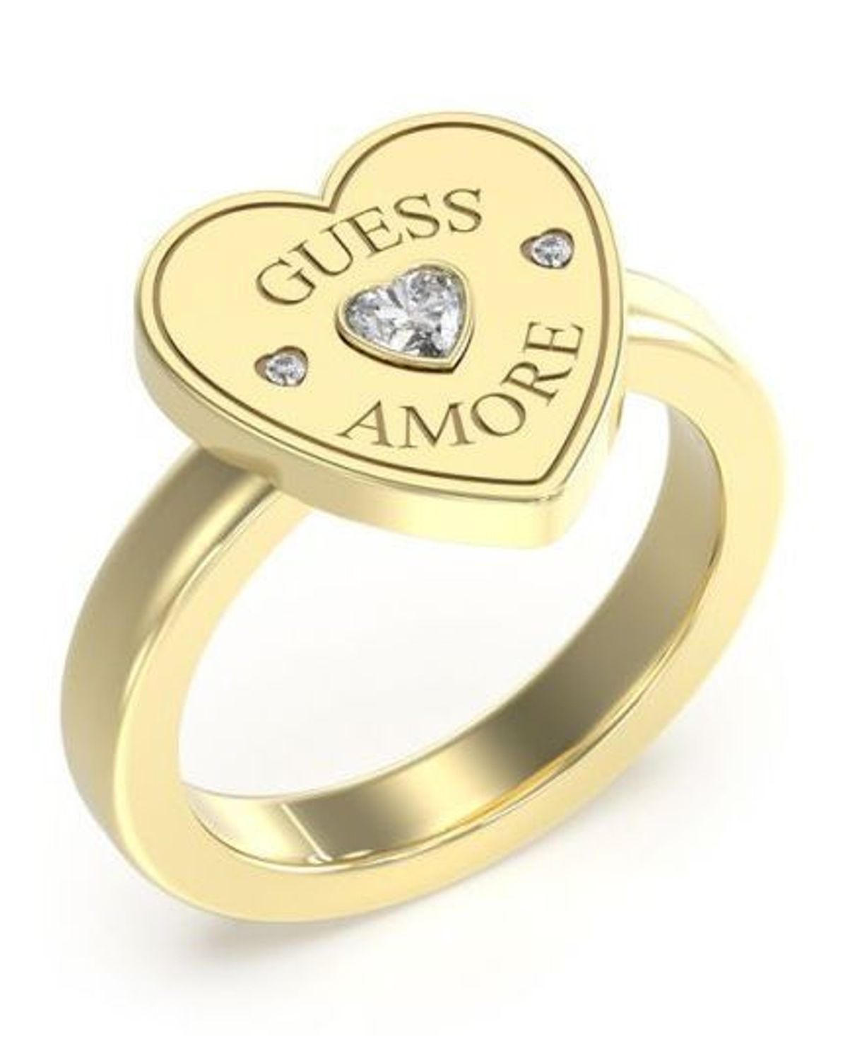 Pozłacany pierścionek Guess Amore z sercem i kryształkiem – rozmiar 16.jpg