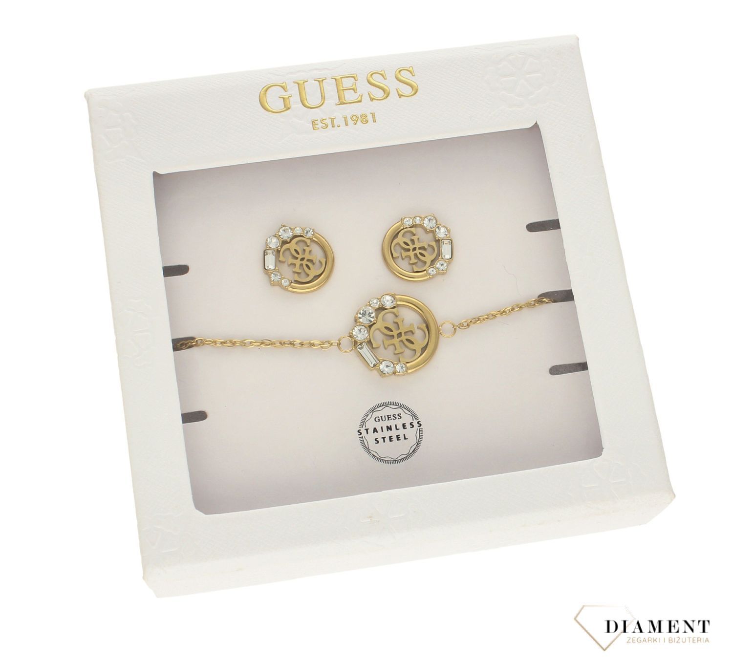 Komplet stalowy GUESS w kolorze złotym z cyrkoniami JUBS01016JWYGS✓ Biżuteria GUESS ✓Komplet Guess wykonany z najwyższej jakości stali w kolorz (1).jpg