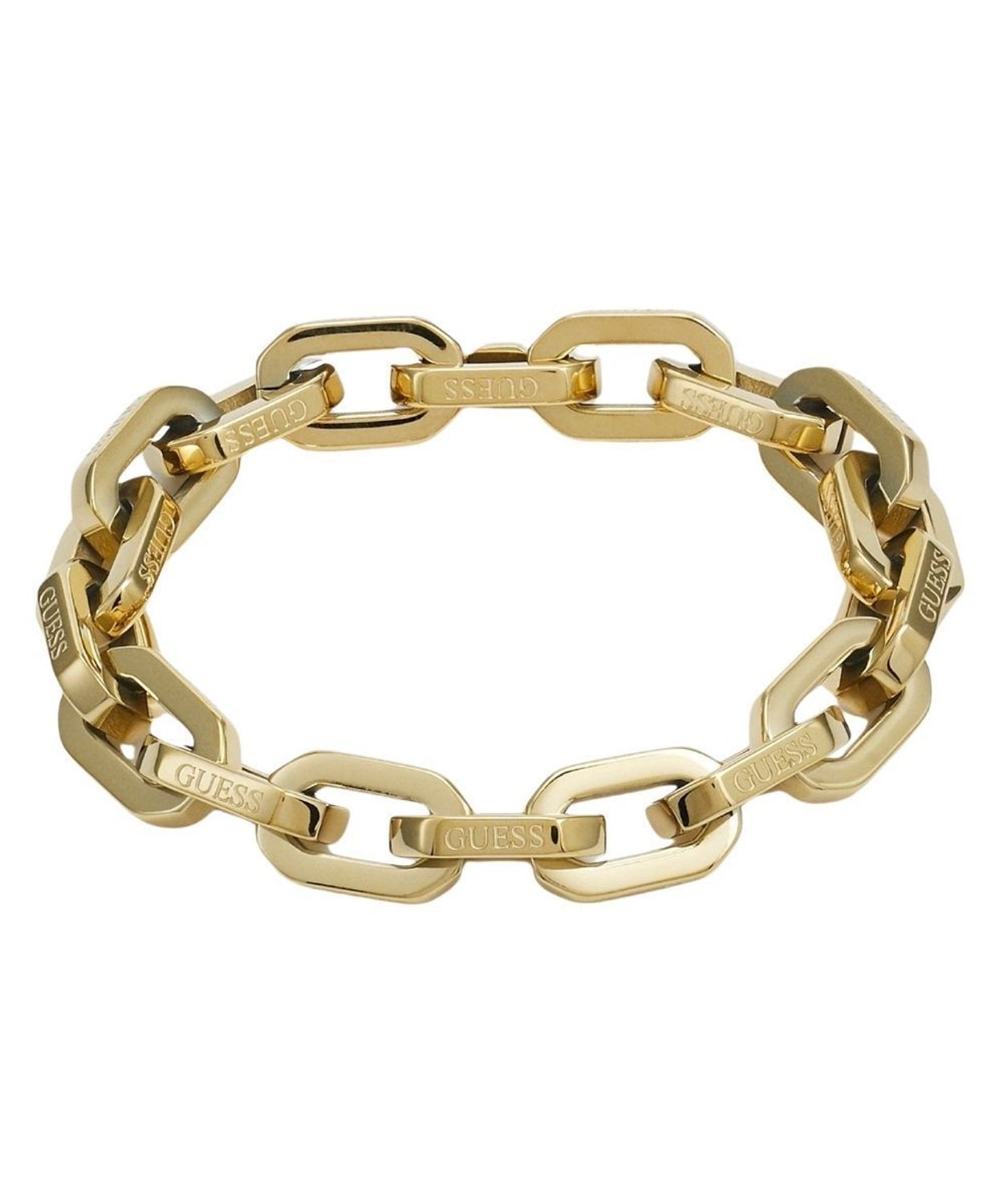Bransoletka damska Guess JUBS03220JWYGS w złotym kolorze. Duże ogniwa z logo marki, długość 20,5 cm. Modny dodatek i pomysł na prezen.jpg