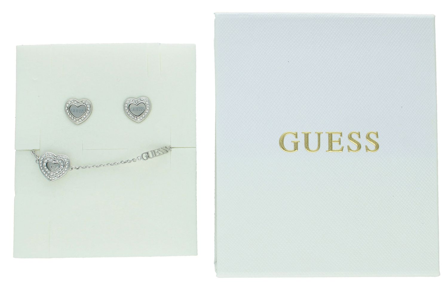 Komplet biżuterii GUESS bransoletka i kolczyki serca JUBS04086JWRHL Komplet Guess bransoletka i kolczyki z sercem oraz logo. Ponadczasowy, stalowy komplet GUESS z elementami ozdobnymi 1.jpg