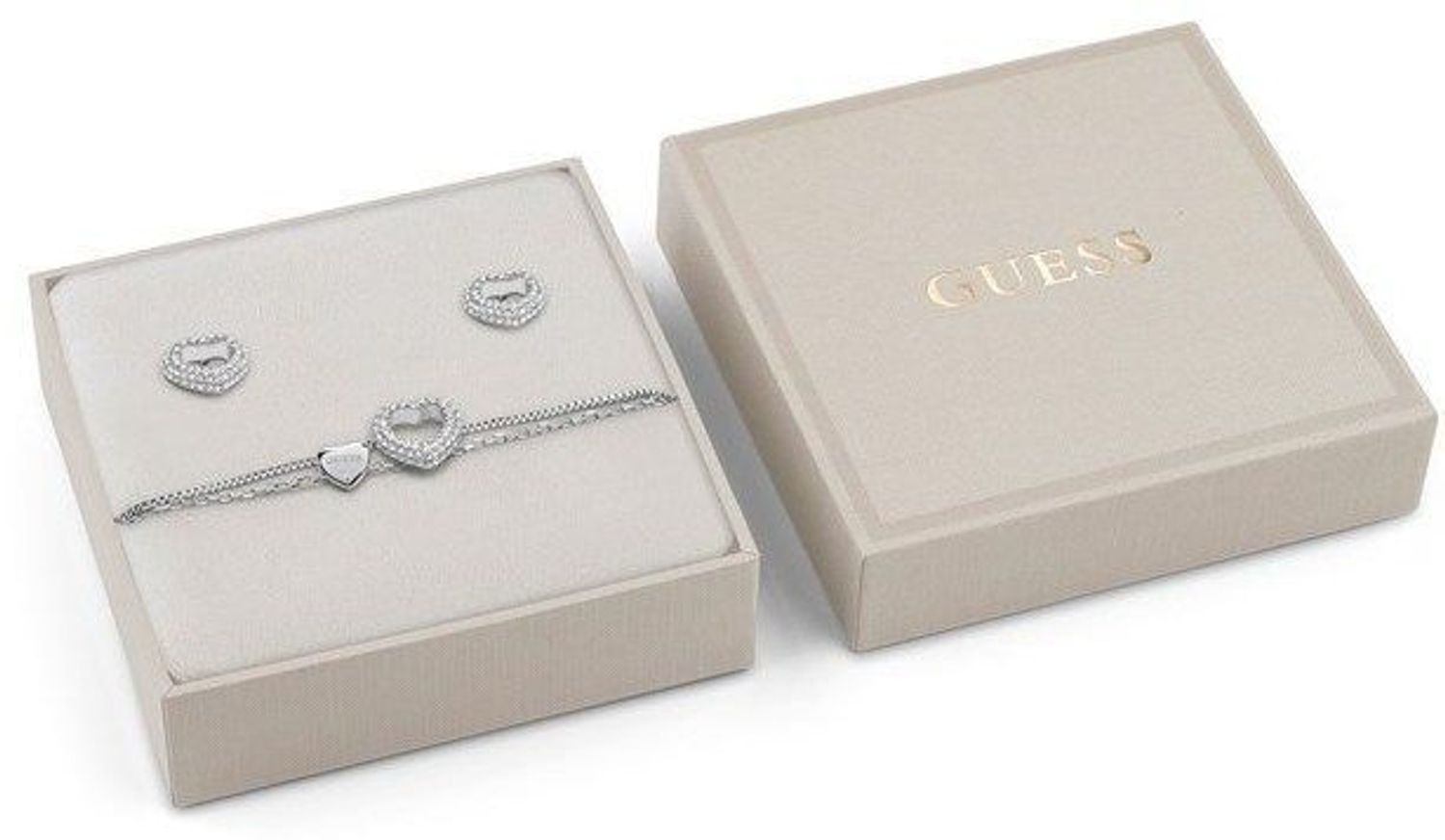 Komplet GUESS JUBS05075JWRHL. Komplet Guess bransoletka i kolczyki z sercem oraz logo. Ponadczasowy, stalowy komplet GUESS z elementami ozdobnymi w formie serduszka z cyrkoniami z logiem Guess. 1.jpg