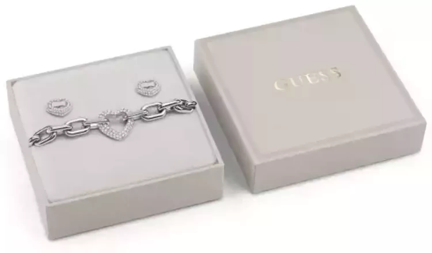 Komplet GUESS serca w cyrkonie JUBS05077JWRHS Bransoletka męska Guess w srebrnym kolorze z logo Guess ozdobiona dużym sercem w cyrkonie. Bransoletka Guess w srebrnym kolorze na1.webp