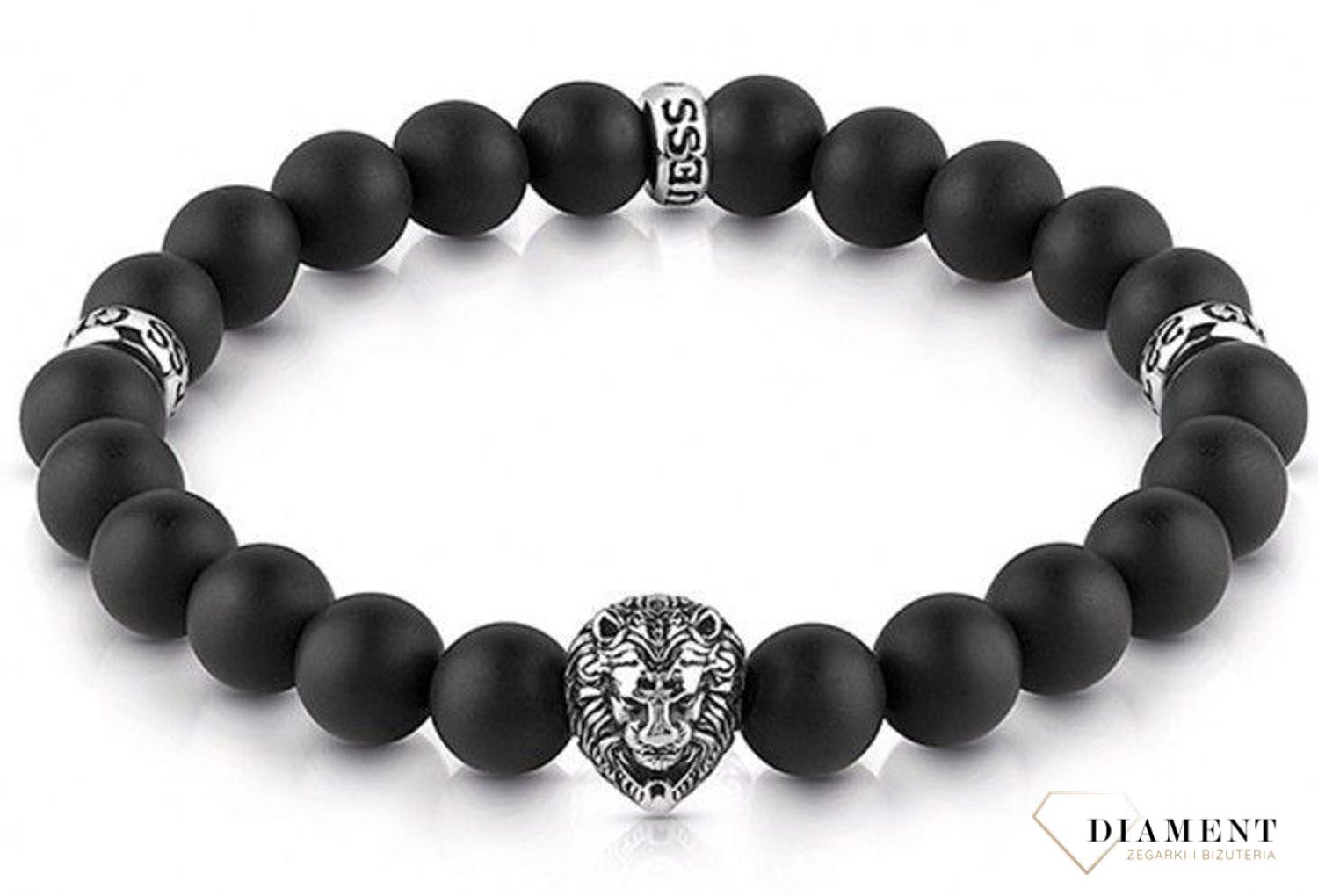 Bransoletka męska GUESS z Koralikami Lwa JUMB01303JWST. Bransoletka z czarnych koralików i zawieszek w kształcie lwa w kolorze złotym. Koraliki z wygrawerowanym napisem z logo (1).jpg