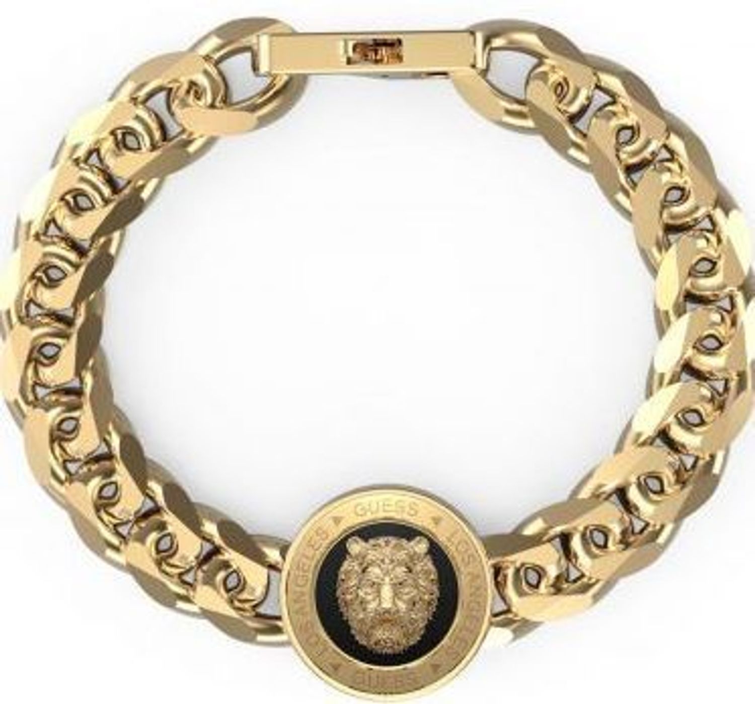 Bransoletka męska GUESS pancerkaJUMB01314JWYGBKL. Bransoletka GUESS w kształcie złotej pancerki z elementem ozdobnym w formie lwa na czarnym tle. Bransoletka, która świetnie się sprawdzi jako dodatek do stylizacji (1).jpg