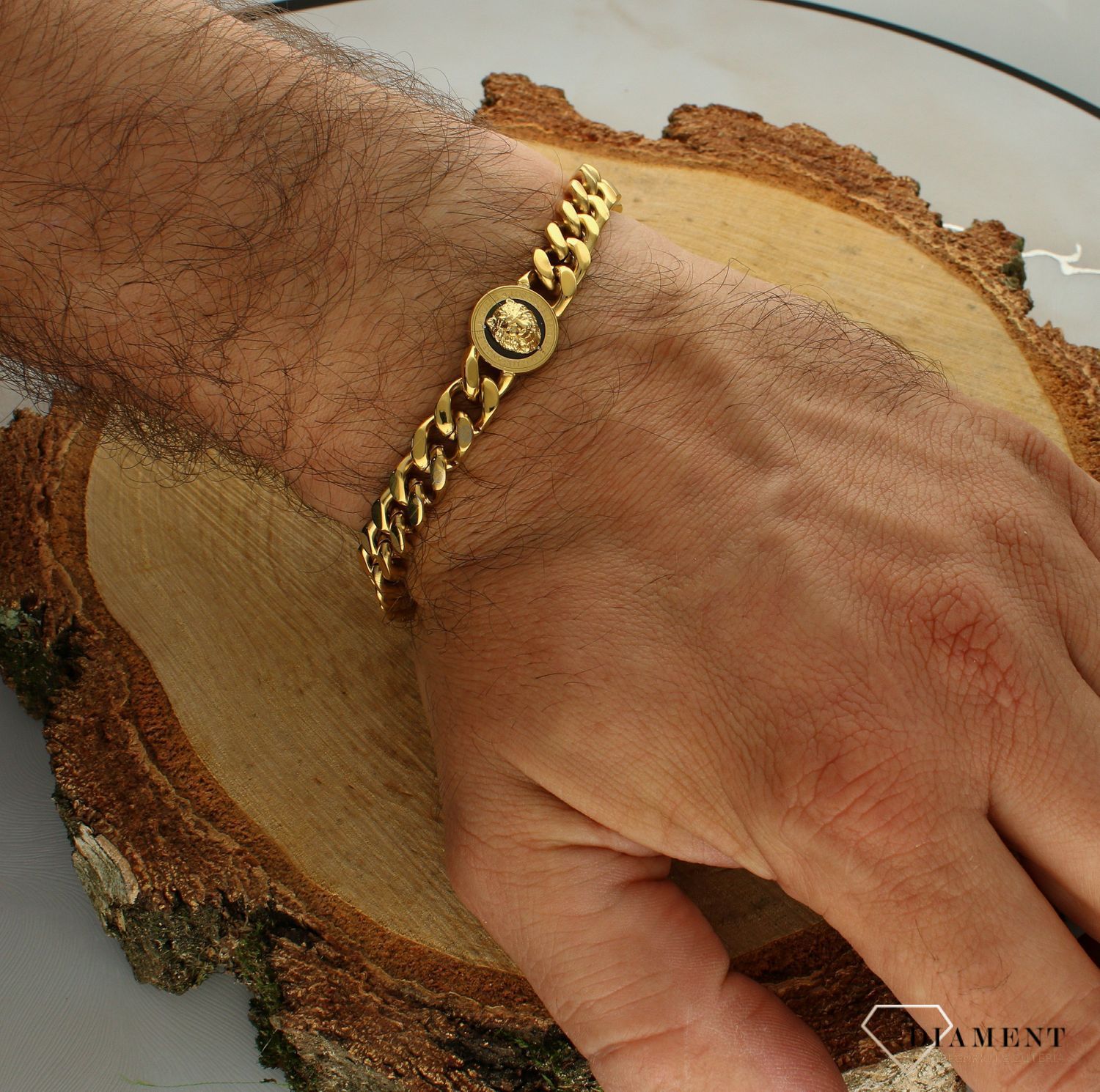 Bransoletka męska GUESS pancerka JUMB01314JWYGBKS. Bransoletka GUESS w kształcie złotej pancerki z elementem.jpg