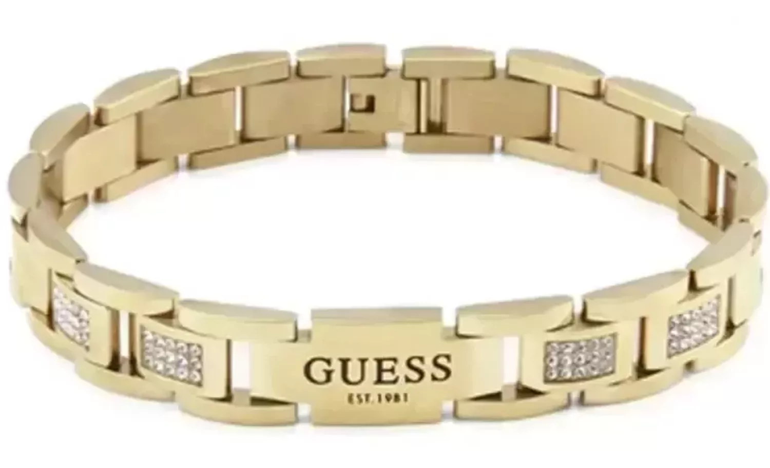 Bransoletka męska GUESS stalowa w kolorze złotym JUMB01342JWYG. Bransoletka GUESS z logo po środku ozdobiona cyrkoniami. Bransoletka, która świetnie się sprawdzi jako dodatek do stylizacji.webp