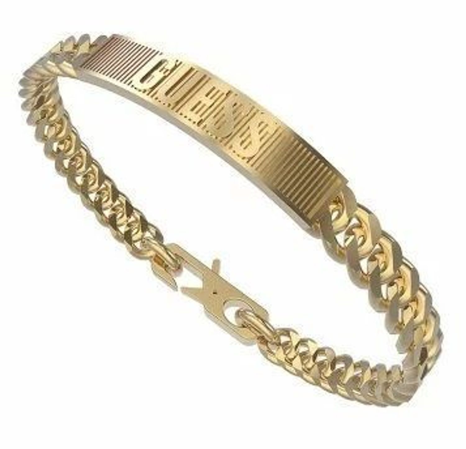 Bransoletka męska GUESS JUMB01356JWYGL.  Bransoletka w formie złotej pancerki z grawerowaną blaszką z logiem GUESS.  Bransoletka, która świetnie się sprawdzi jako dodatek do stylizacji..jpg