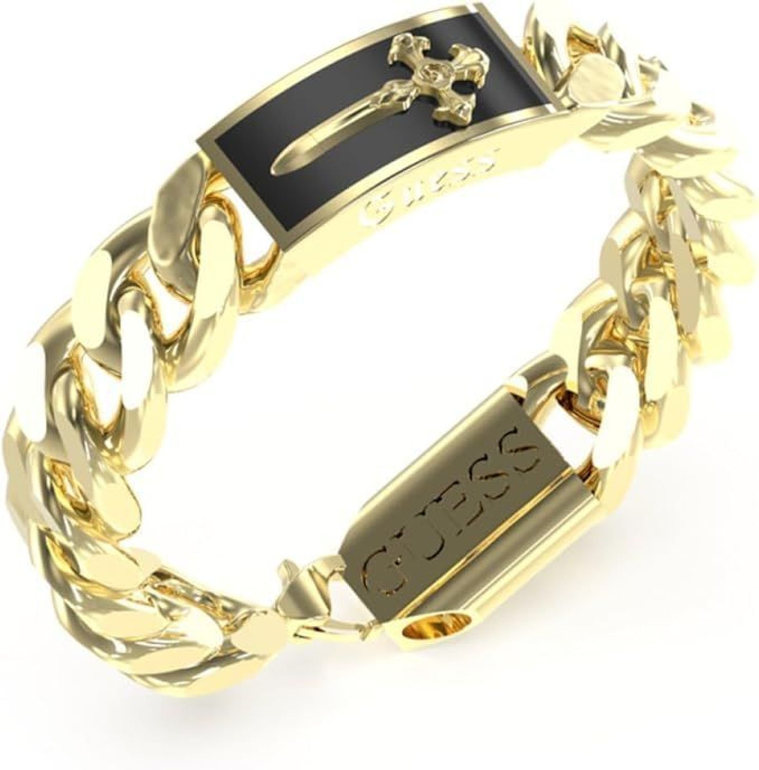 Bransoletka męska GUESS stalowa w złotym kolorze z krzyżem na czarnej blaszce JUMB04022JWYGBKS.jpg