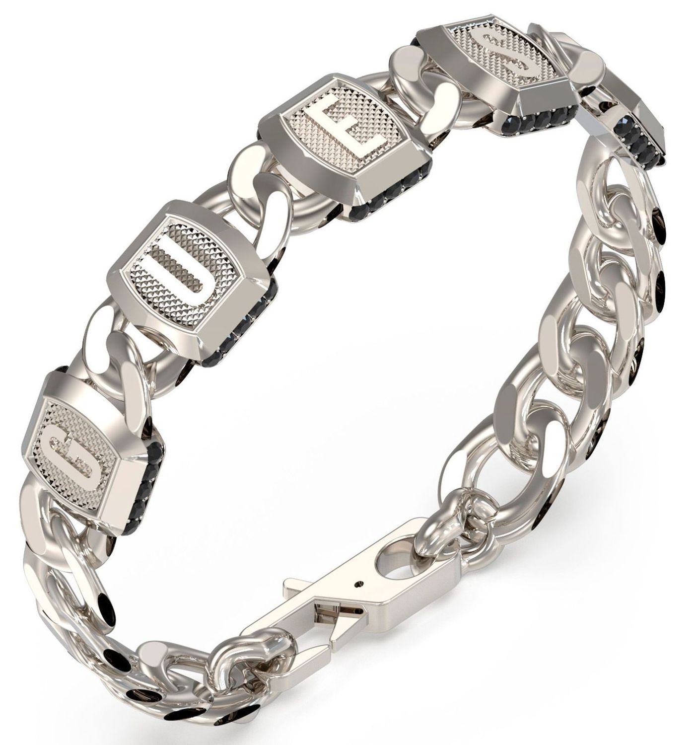 Bransoletka GUESS pancerka JUMB05012JWSTL Bransoletka wykonana ze stali szlachetnej ozdobiona logo Guess z cyrkoniami czarnymi. Bransoletka, która świetnie się sprawdzi jako dodatek do1.jpg