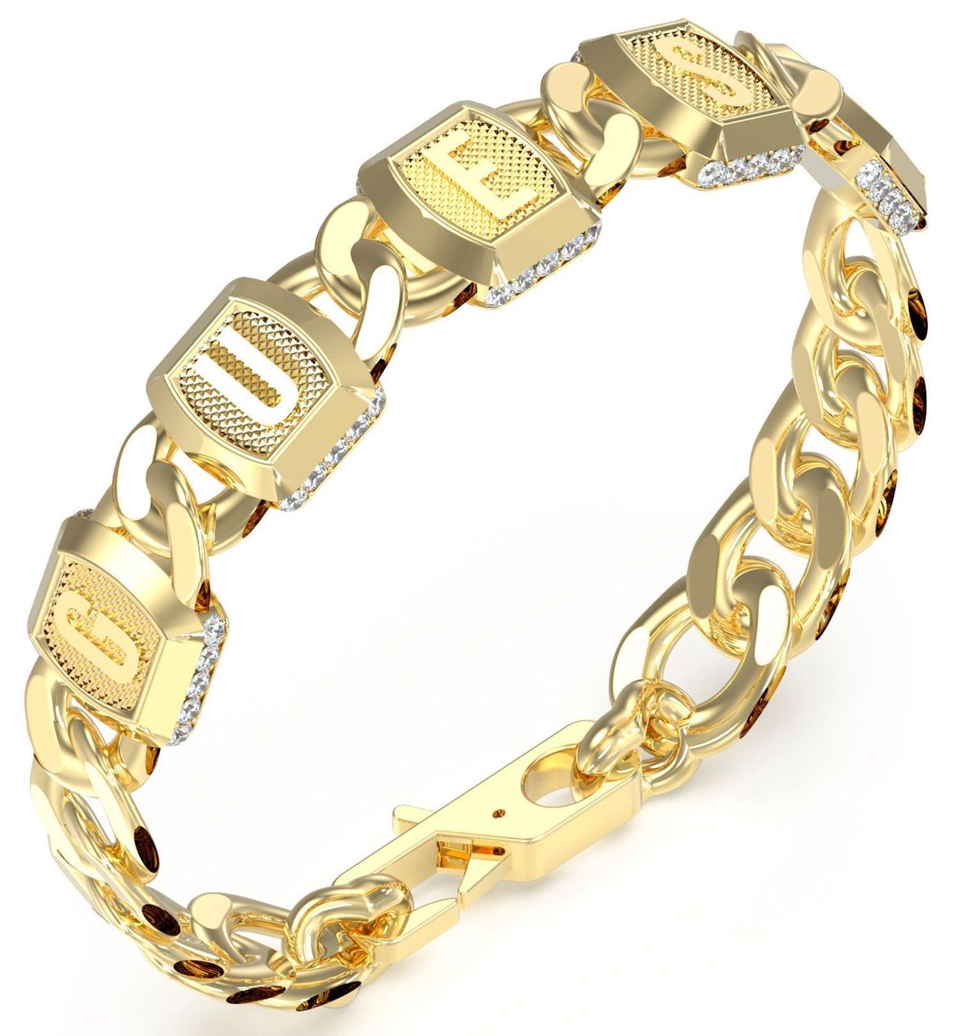 Złota bransoletka męska GUESS pancerka JUMB05012JWYGL stal Bransoletka wykonana ze stali szlachetnej ozdobiona logo Guess z cyrkoniami. Bransoletka, która świetnie się sprawdzi jako dodatek do stylizacji, można1.jpg