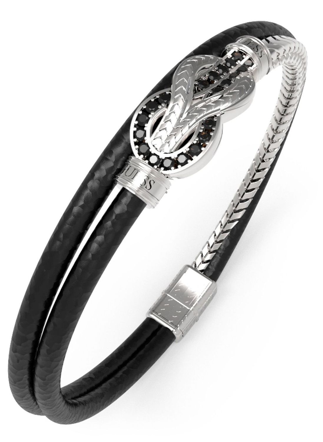Bransoletka męska Guess rzemyk JUMB05029JWSTBKL znak nieskończoności. Bransoletka męska Guess w srebrnym kolorze z logo Guess z czarnym rzemykiem. Bransoletka Guess na czarnym rzemyku z srebrnym1.jpg
