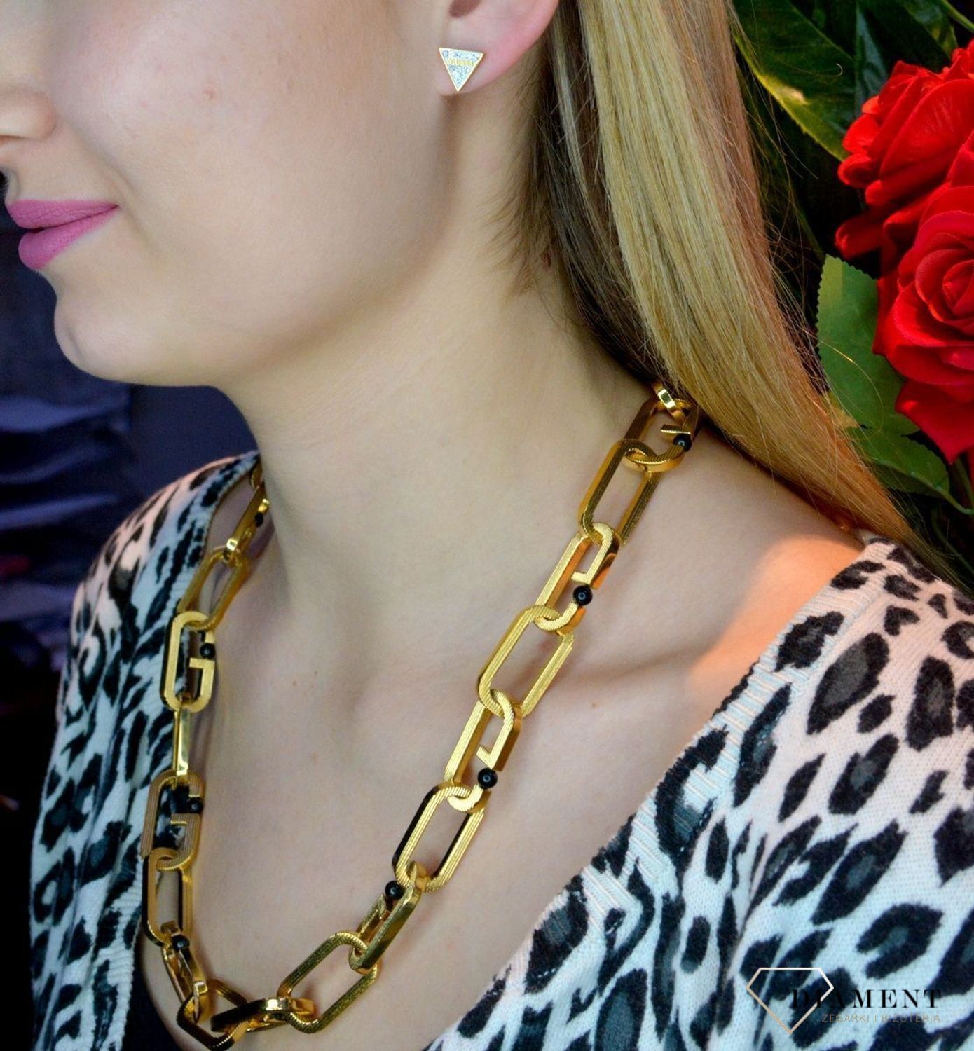 Naszyjnik męski, stal GUESS w kolorze złotym z czarnymi kulkami JUMN02120JWYGT.webp