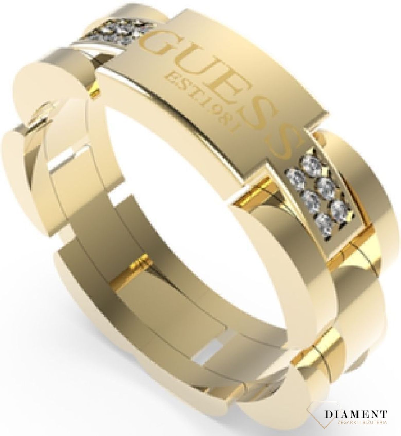 Pierścionek męski GUESS JUMR01344JWYG. Stalowy pierścionek męski pozłacany w formie obrączki. Pierścionek został ozdobiony w modny sposób czytelnym napisem GUESS . Pierścionek został wykonany z najwyższej jakości stali w kol (3).jpg