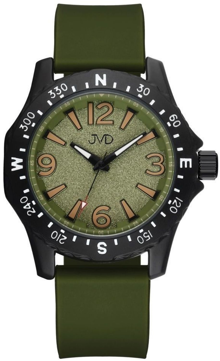 Zegarek młodzieżowy JVD JZ8004.1,  posiada mechanizm japoński Miyota, zasilany za pomocą baterii. Zielona tarcza zegarka z białymi cyframi, zapewnia przejrzysty i nowoczesny wygląd. Wskazówki w tym modelu są koloru czarn.jpg