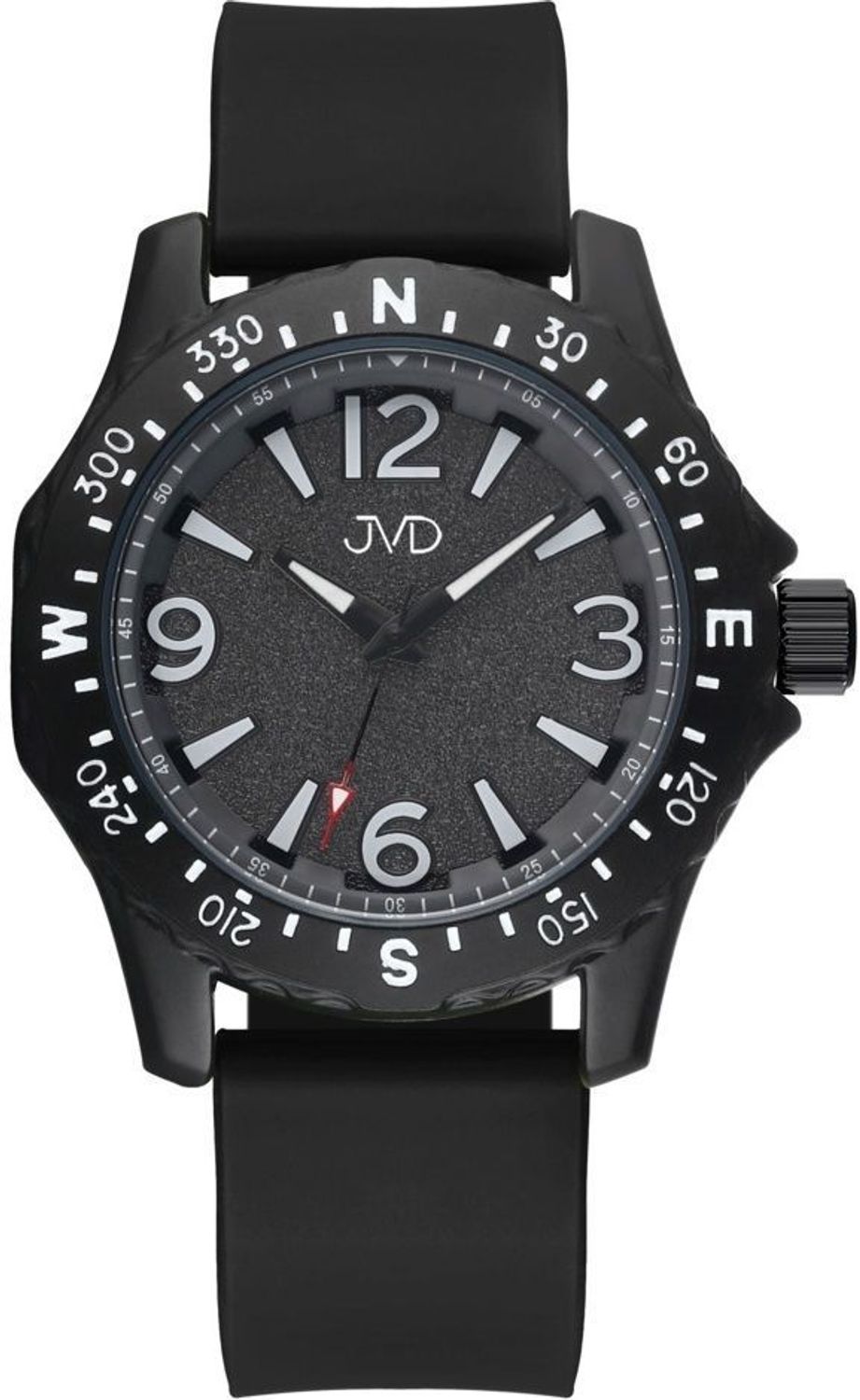 Zegarek młodzieżowy JVD JZ8004.3, posiada mechanizm japoński Miyota, zasilany za pomocą baterii. Czarna tarcza zegarka z białymi cyframi. Wskazówki w tym modelu są koloru czarnego, pokryte warstwą luminescencyjną,.jpg