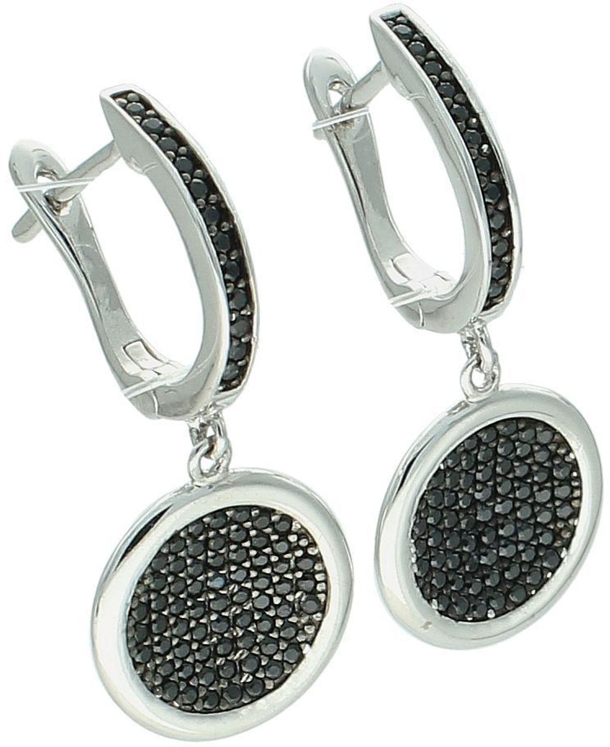Srebrne kolczyki z czarnymi cyrkoniami  Pr. 925  Angielskie zapięcie  Srebrne kolczyki próby 925 z okrągłą, wiszącą zawieszką wysadzaną czarnymi cyrkoniami. Długość 2,7 cm, waga 4,70 g, 1.jpg