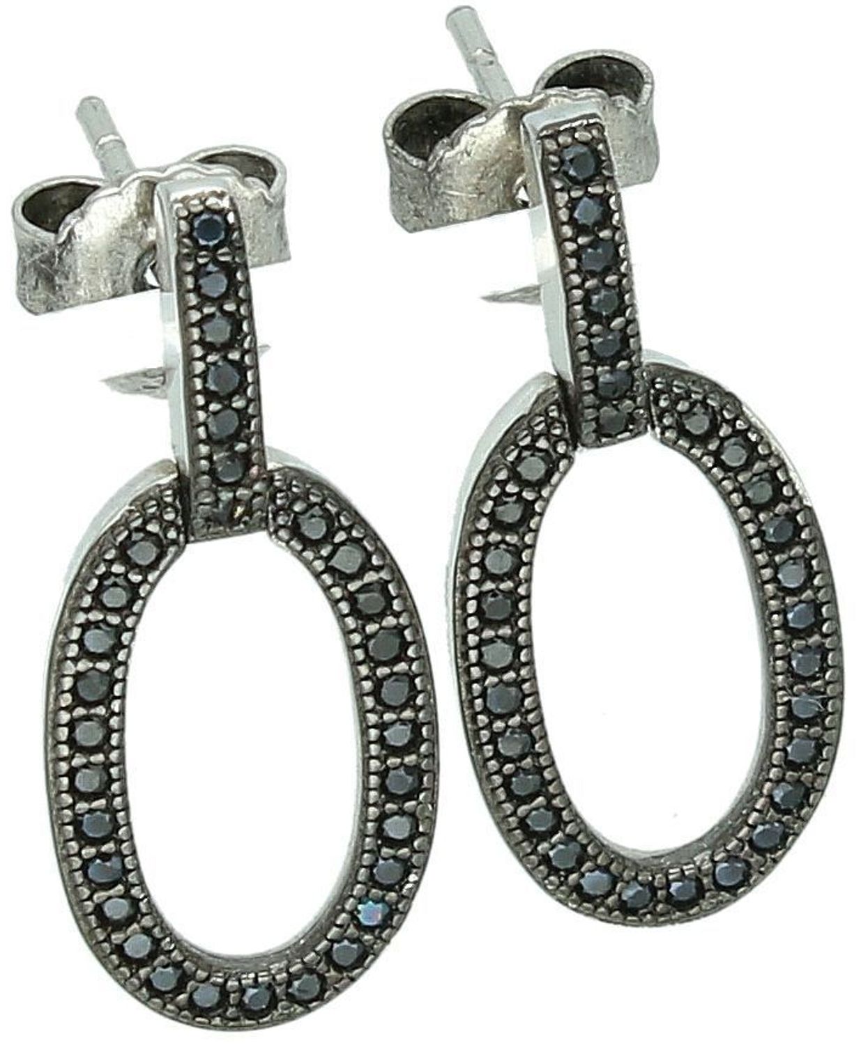 Srebrne kolczyki damskie próba 925, owalne zdobione czarnymi cyrkoniami, długość 2,1 cm, zapięcie na sztyft. Elegancka i trwała biżuteria na każdą okazję.1.jpg