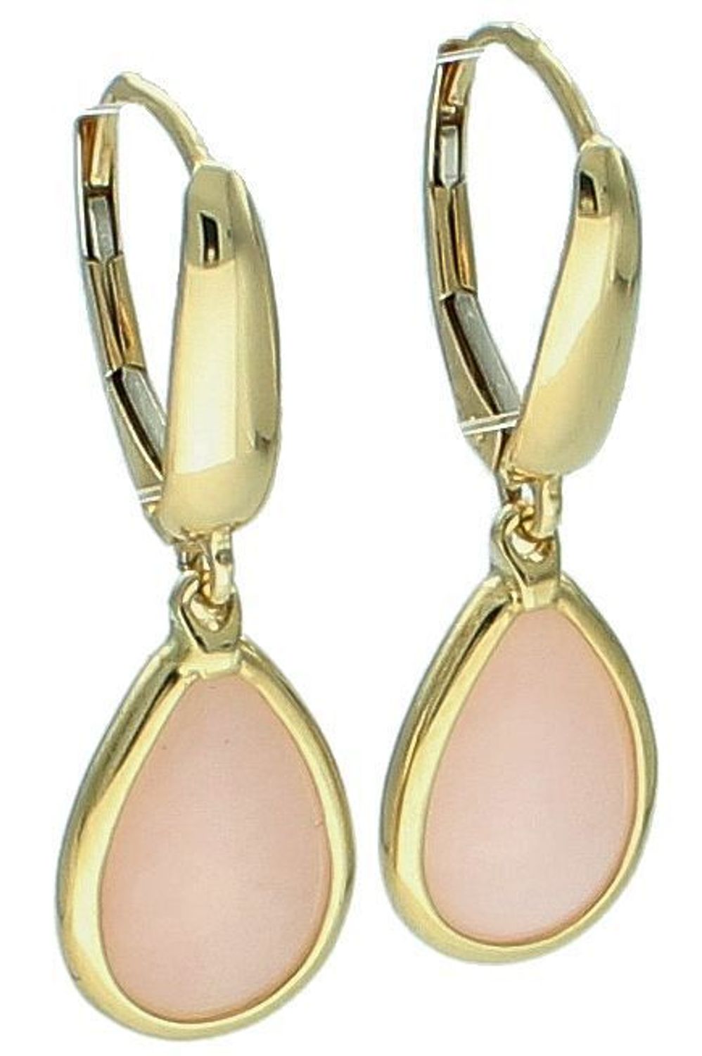 Kolczyki złote wiszące łezki opal róż. pr 585, K0NUO14059 Złote kolczyki wykonane z najwyższej jakości żółtego złota, próba 585. Kolczyki w kształcie łezki ozdobione kamieniem naturalnym opalem różowym,1.jpg