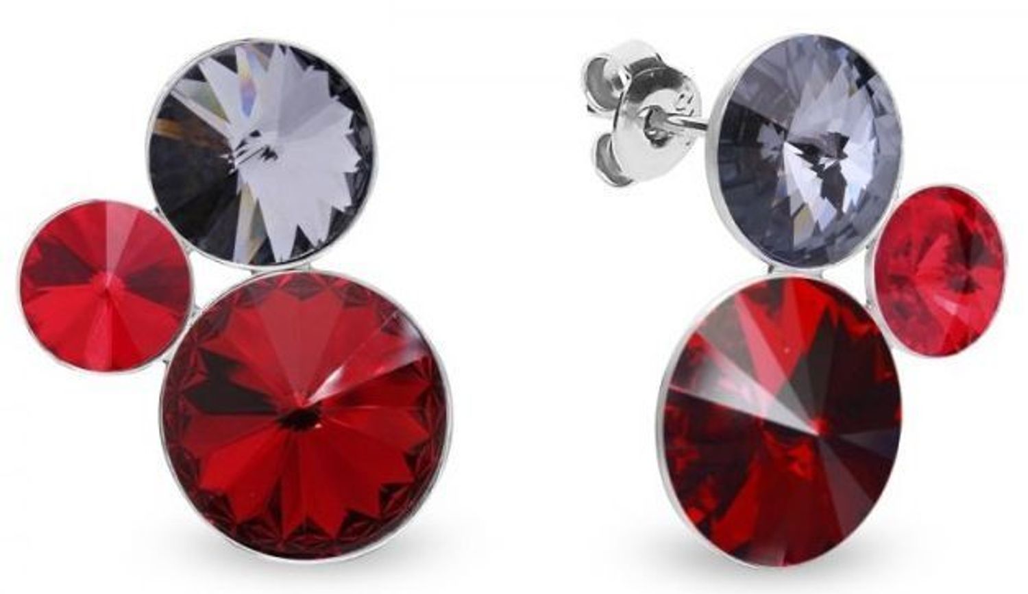 Kolczyki srebrne 925 Spark z kryształami w kolorach Light Siam, Silver Night i Siam. Dł. 2 cm, szer. 1,5 cm, zapięcie na sztyft. Elegancki blask i styl.1.jpg