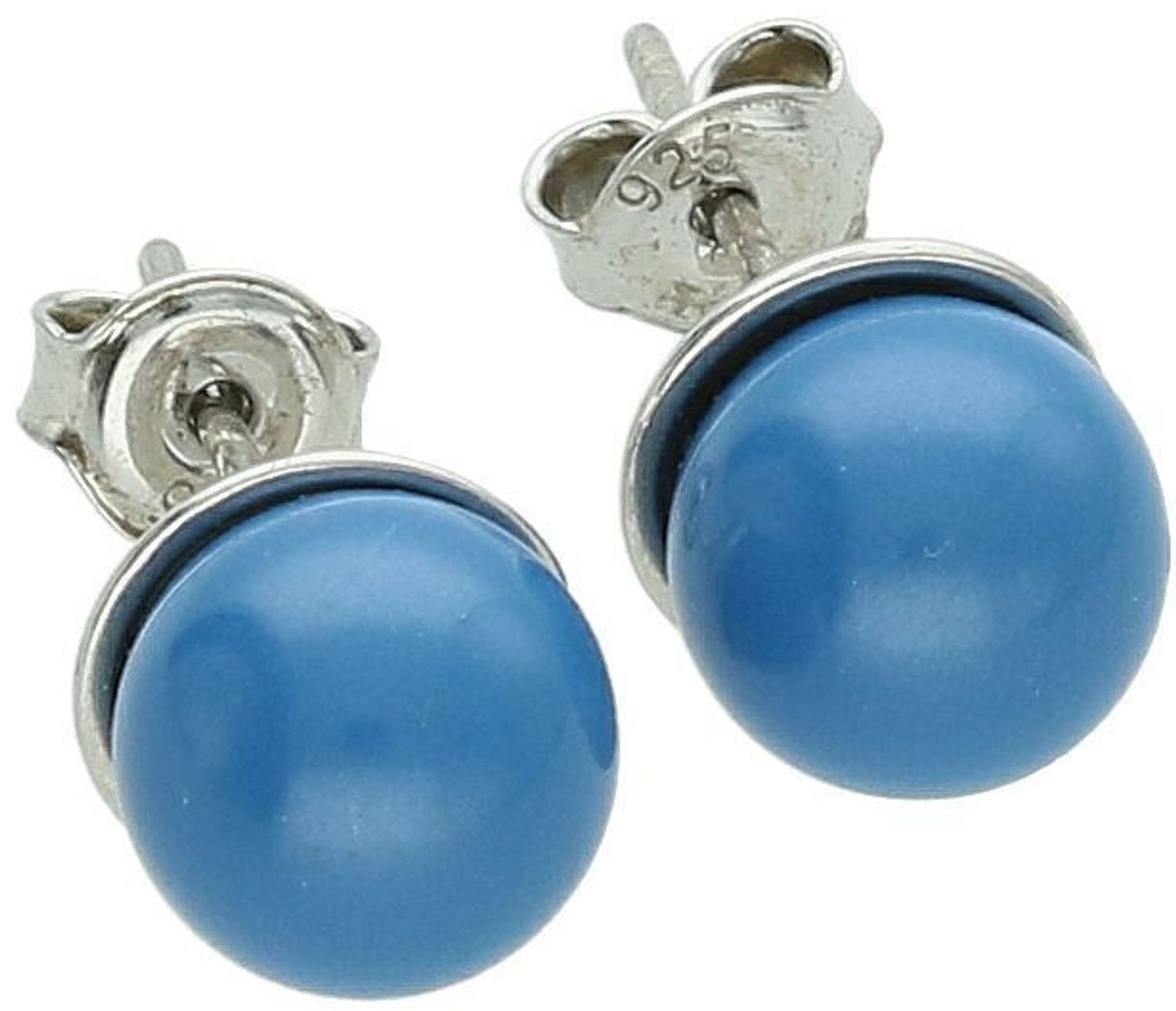 Srebrne kolczyki damskie próba 925 z okrągłym niebieskim kamieniem syntetycznym o średnicy 8 mm. Zapięcie na sztyft, elegancka biżuteria na każdą okazję.1.jpg