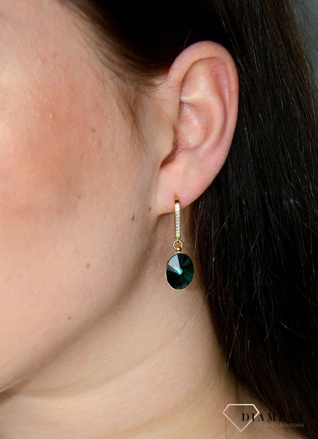 Kolczyki srebrne wiszące pozłacane Swarovski zielone KACG412214EM.jpg