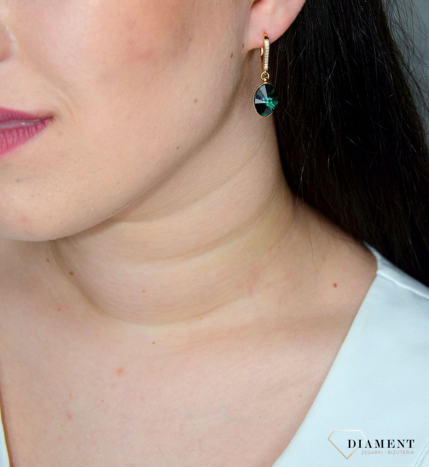 Kolczyki srebrne wiszące pozłacane Swarovski zielone KACG412214EM.jpg