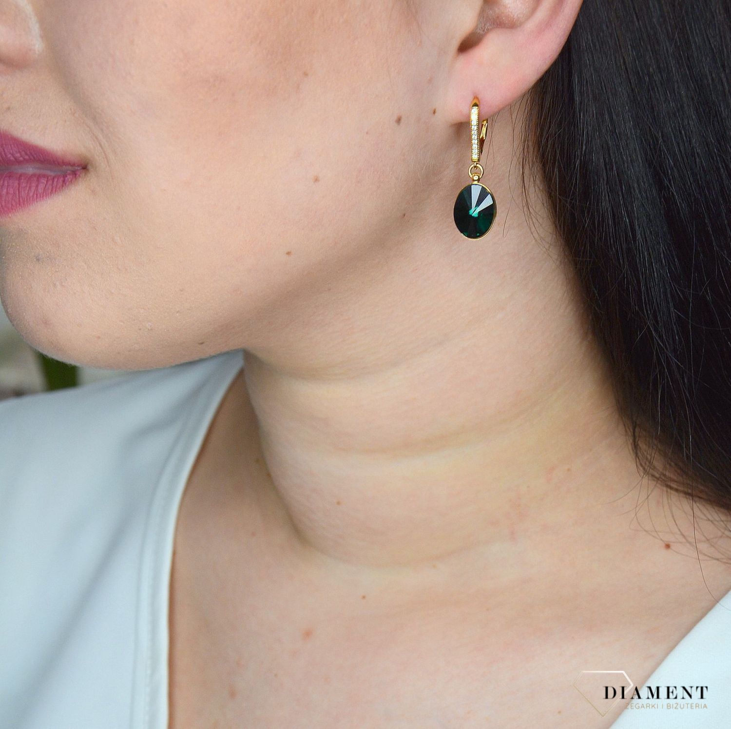 Kolczyki srebrne wiszące pozłacane Swarovski zielone KACG412214EM.jpg