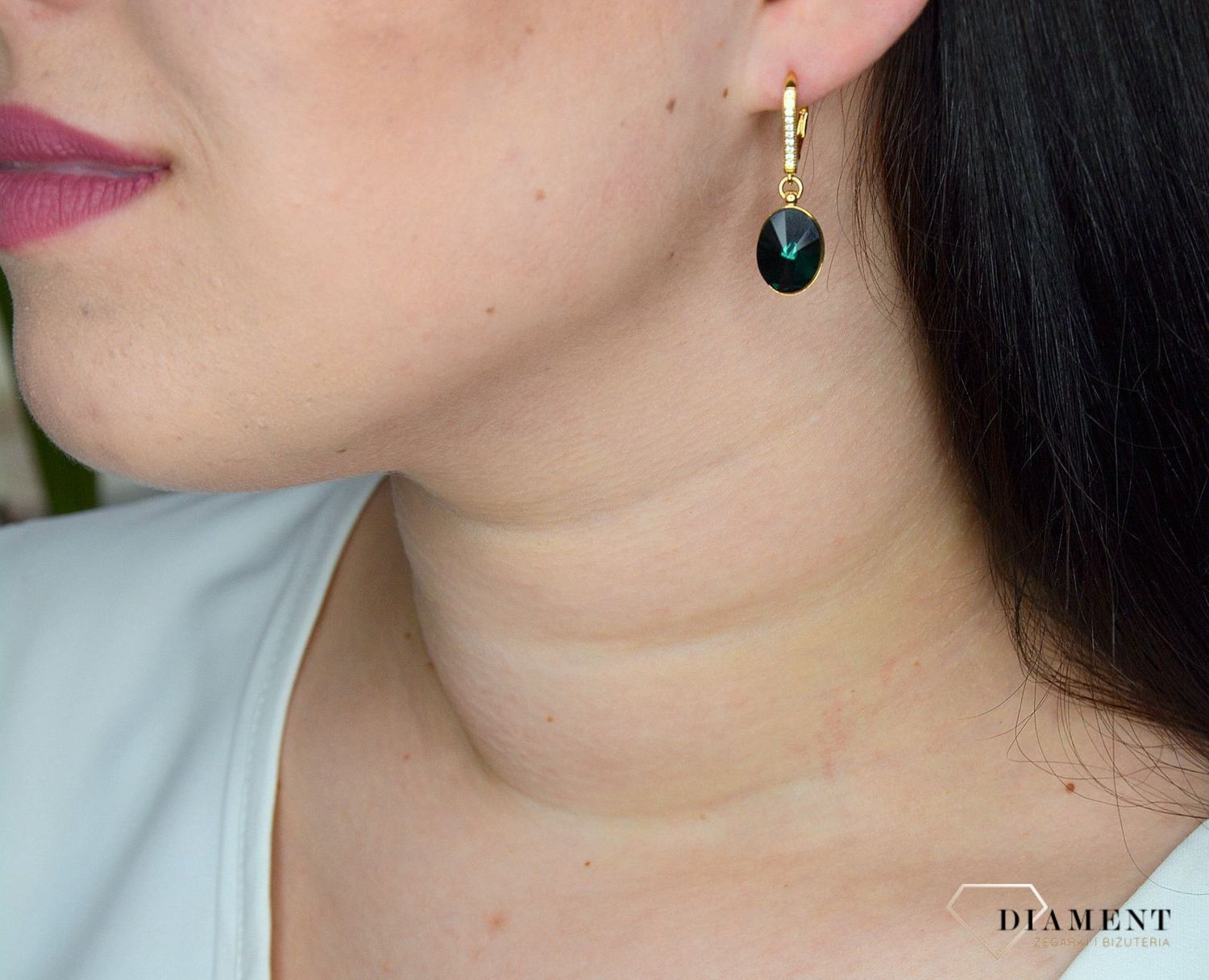 Kolczyki srebrne wiszące pozłacane Swarovski zielone KACG412214EM.jpg