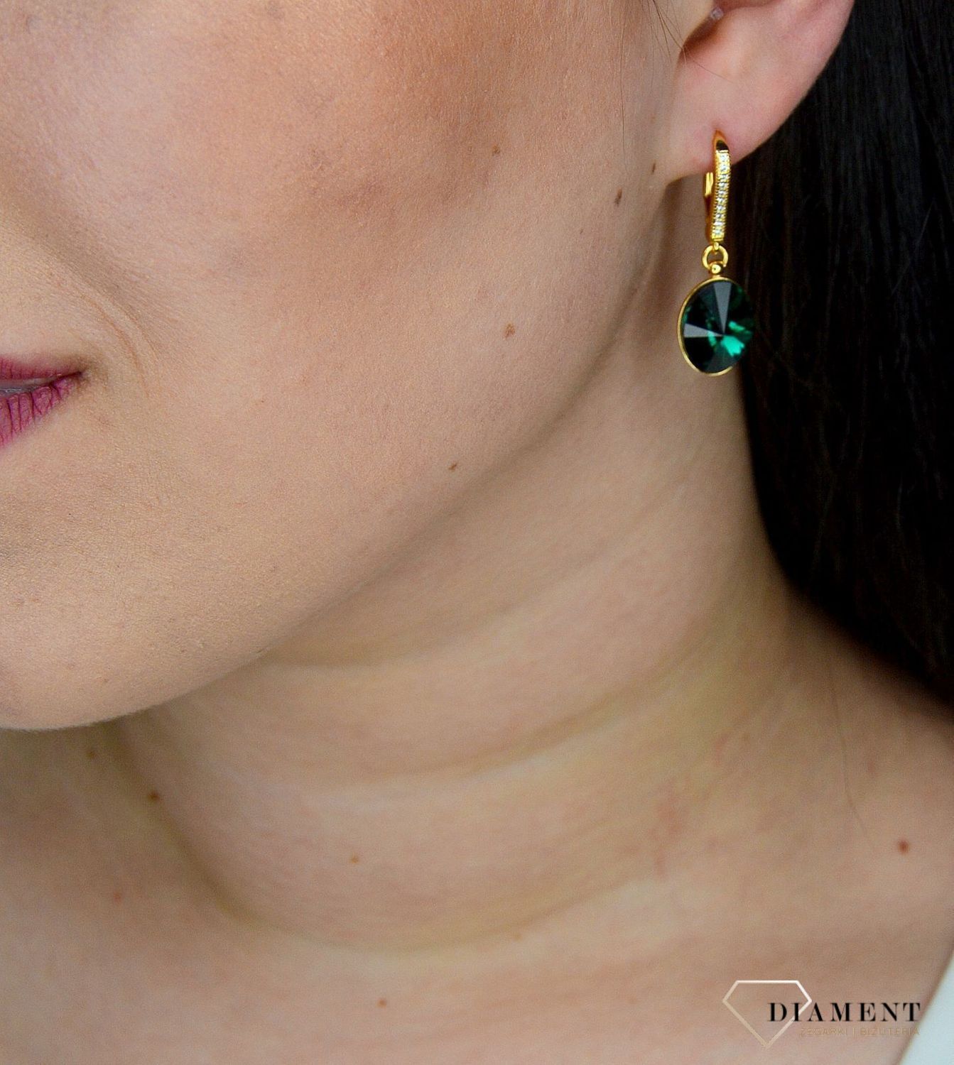Kolczyki srebrne wiszące pozłacane Swarovski zielone KACG412214EM.jpg