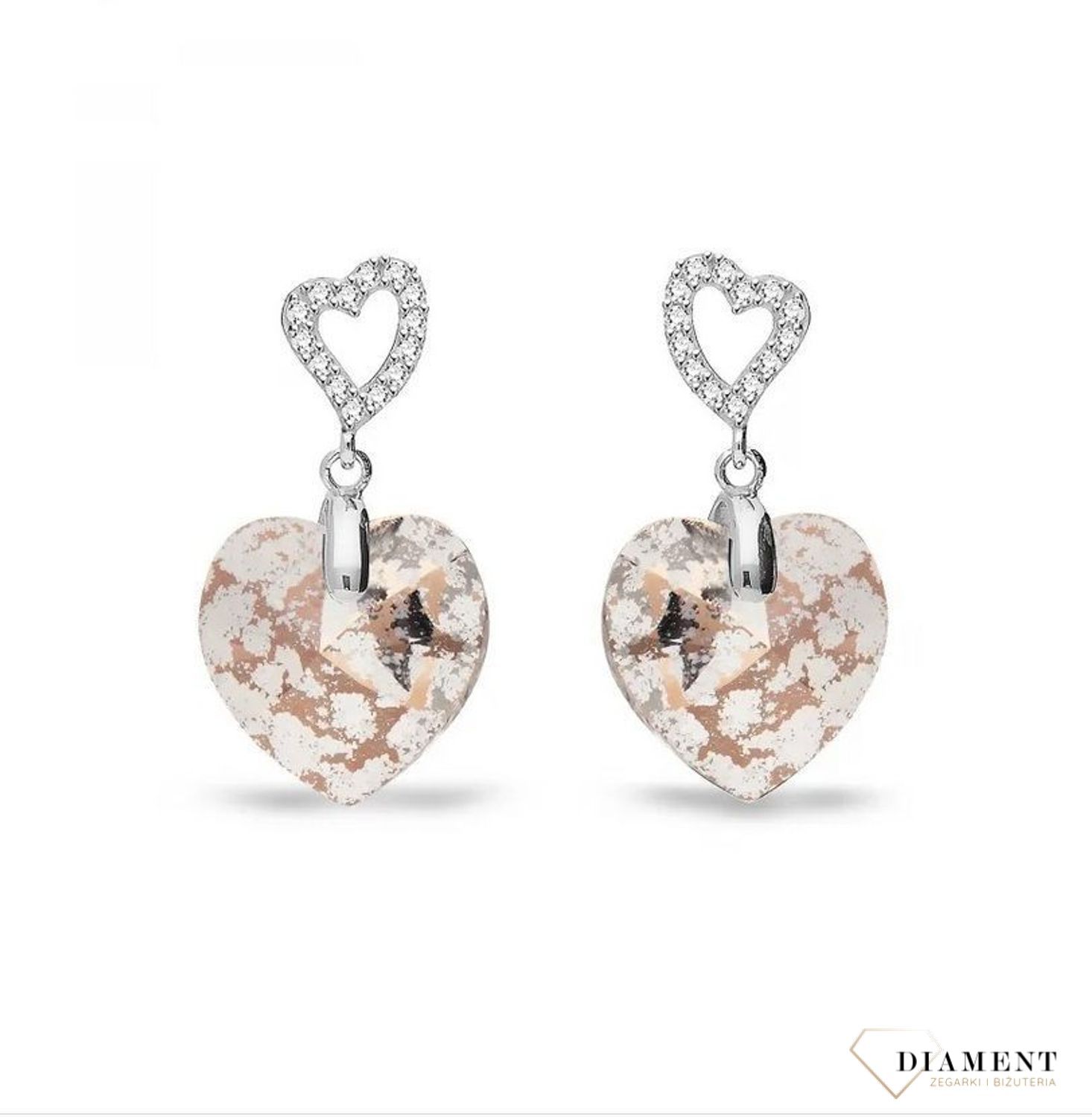 Srebrne kolczyki wiszące Spark Swarovski kryształki serca Rose Patina KC622814RPT.jpg