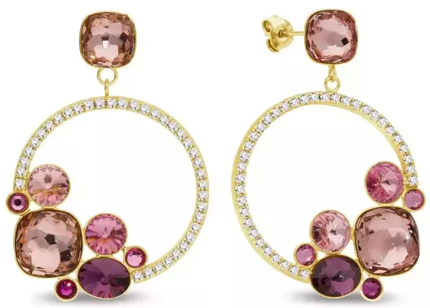 Kolczyki Spark KCDG4483MIX1VR – pozłacane srebro 925, kółko z cyrkoniami i różowymi kryształami. Długość 4,5 cm. Stylowy dodatek z klasą.1.webp