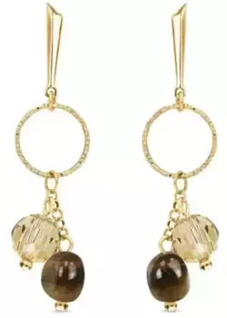 Eleganckie kolczyki Delicado ze srebra próby 925, pozłacane, z kamieniami tygrysiego oka i kryształami w odcieniu Golden Shadow. Zapięcie typu sztyft. Długość 5,5 cm.1.webp