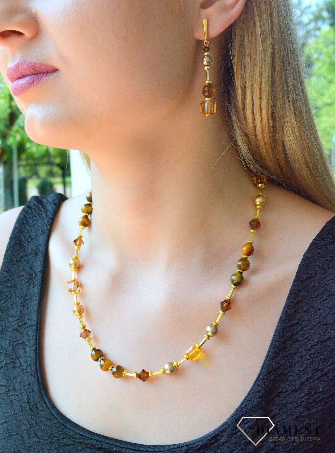 Kolczyki srebrne wiszące Swarovski z kryształkami, perłą i kamieniami naturalnymi KG56018TOLCT. Kolczyki wiszące Spark. Kolczyki z kryształkiem Swarowskiego. Kolczyki z kamieniami naturalnymi. Kolczyki z tygrysim oki.jpg