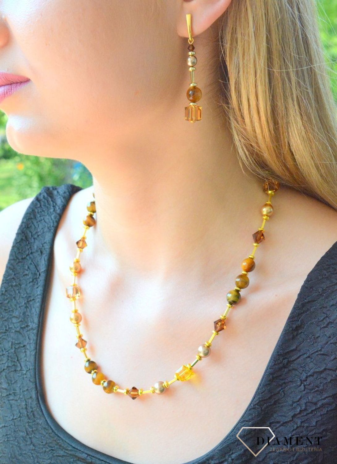 Kolczyki srebrne wiszące Swarovski z kryształkami, perłą i kamieniami naturalnymi KG56018TOLCT. Kolczyki wiszące Spark. Kolczyki z kryształkiem Swarowskiego. Kolczyki z kamieniami naturalnymi. Kolczyki z tygrysim oki.jpg