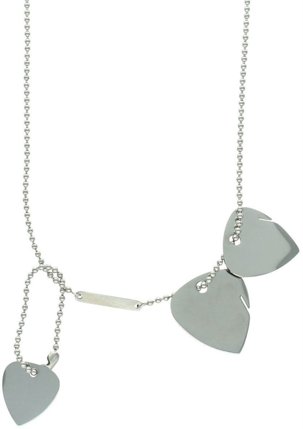 Elegancki naszyjnik damski ze stali nierdzewnej, łańcuszek z kuleczek z trzema gładkimi blaszkami w kształcie serca, długość 72 cm. Idealny pod grawer i na prezent.1.jpg
