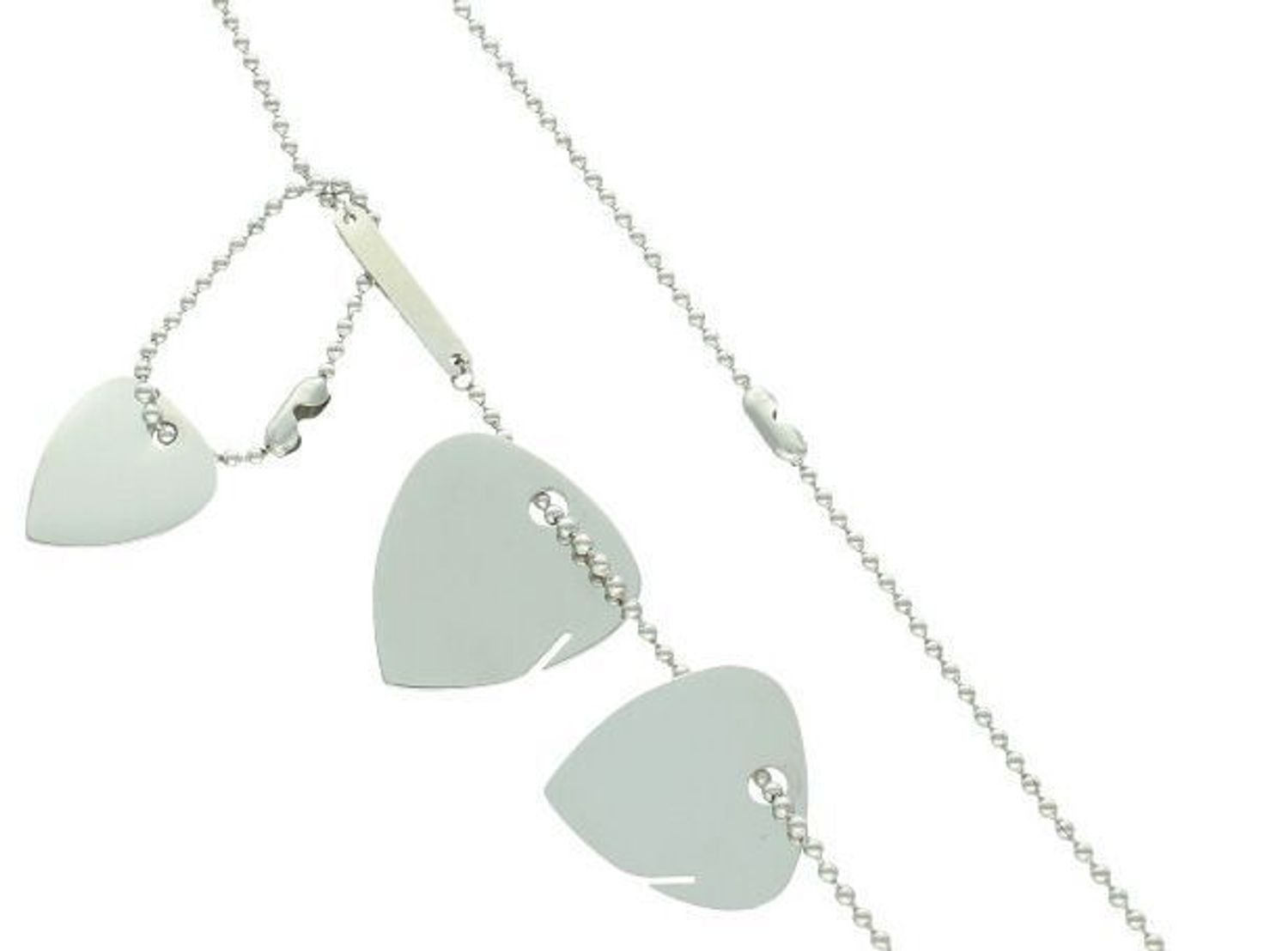 Elegancki naszyjnik damski ze stali nierdzewnej, łańcuszek z kuleczek z trzema gładkimi blaszkami w kształcie serca, długość 72 cm. Idealny pod grawer i na prezent.1.jpg