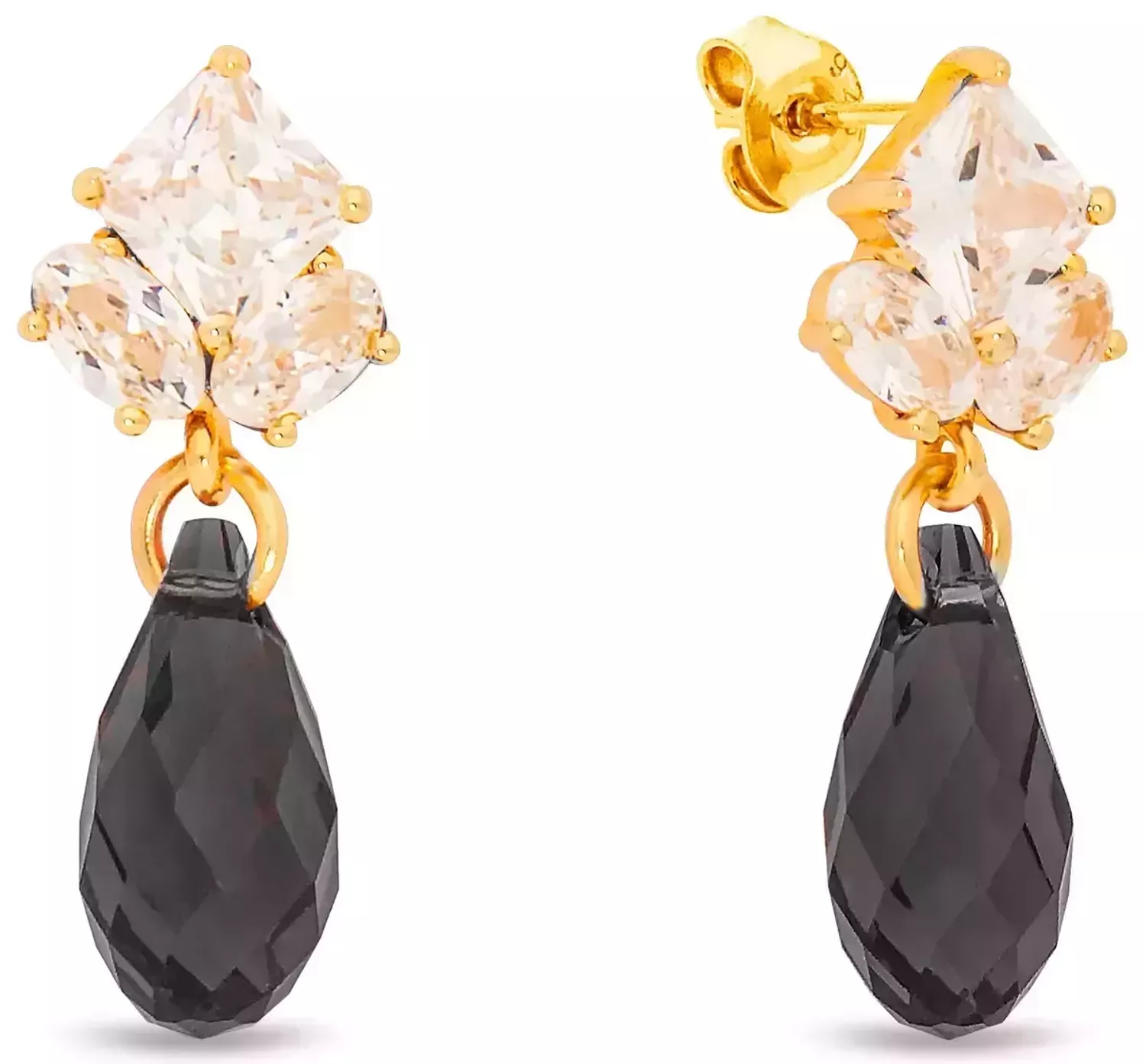 Kolczyki Spark z pozłacanego srebra 925, zdobione cyrkoniami i czarnymi kryształami Swarovskiego. Długość 2,5 cm, zapięcie na sztyft.1.webp