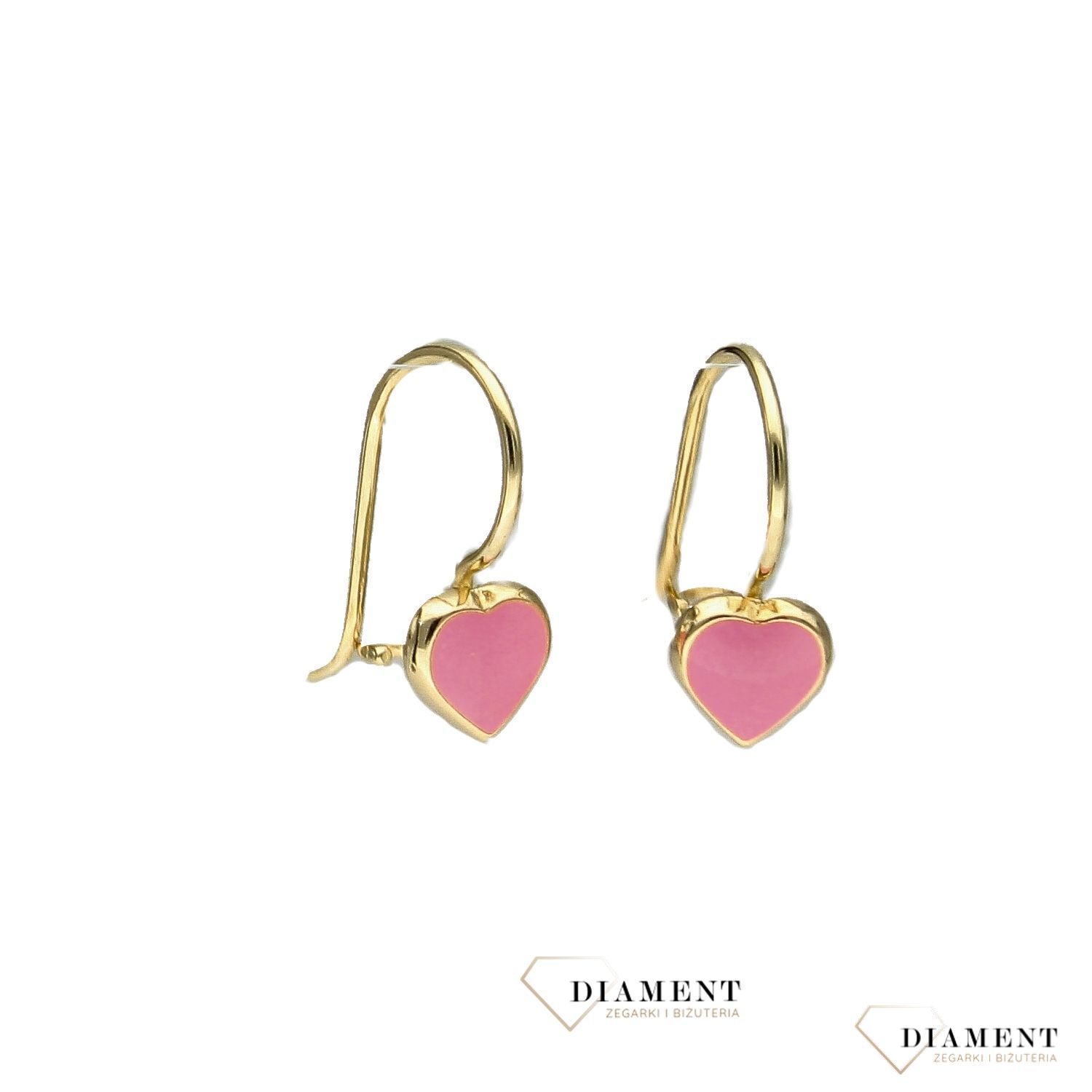 Złote kolczyki dla dziewczynki różowe serduszko z emalii KL3596.jpg