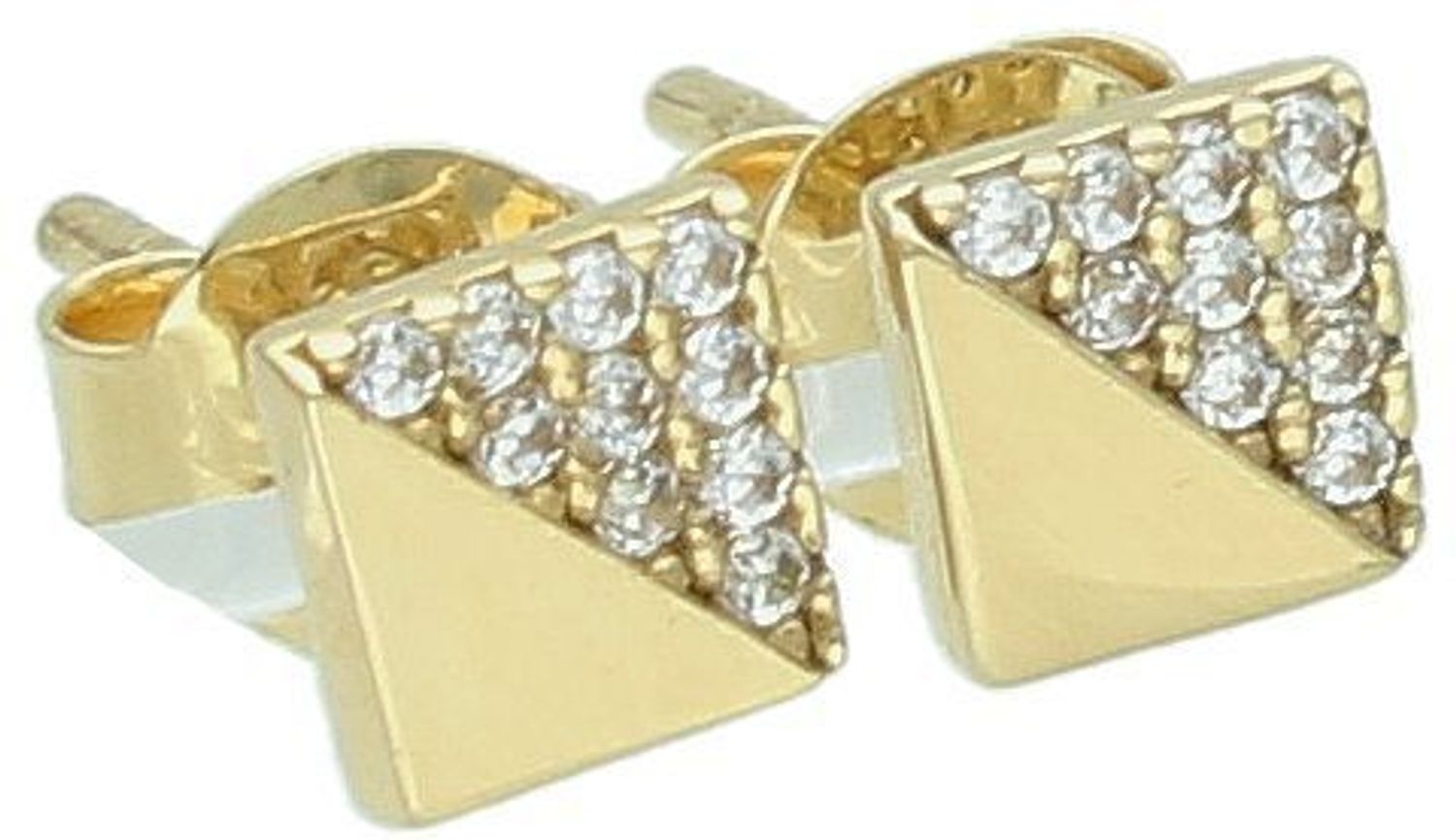 Kolczyki damskie złote kwadraty 585 z cyrkoniami na skos KL7293 Złote kolczyki 585 kwadraciki. Te oryginalne kolczyki ze złota, kształtem elementu ozdobnego przypominają gładkie kwadraty. 1.jpg