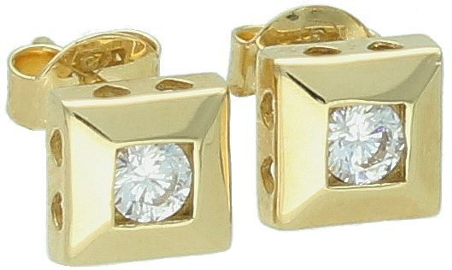 Kolczyki złote damskie kwadraty z cyrkonią próba 585 KL7833 Stylowe kolczyki wykonane ze złota próby 585. Kolczyki mają kształt kwadratów, ozdobione w środku grawerem. 1.jpg
