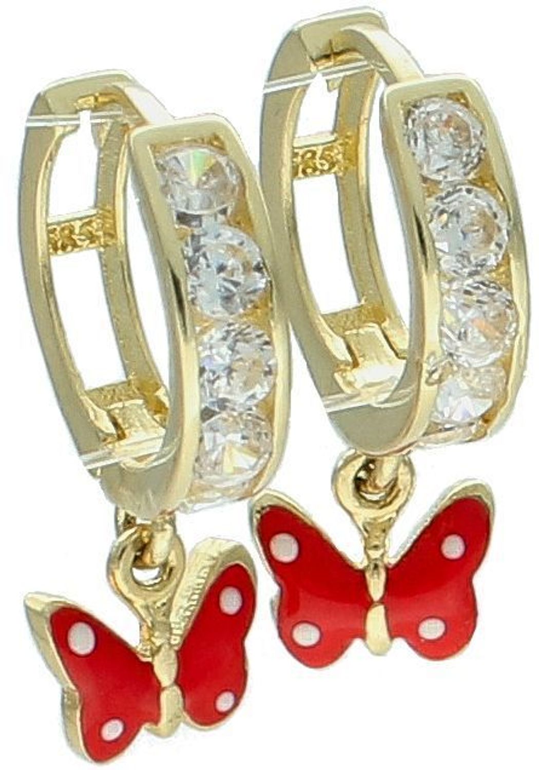 Kolczyki złote dziecięce z czerwonym motylkiem i cyrkonią próba 585. Urocze, złote kolczyki dziecięce z wiszącym emaliowanym motylkiem, cyrkoniami i zapięciem angielskim to idealny wybór dla małych księżniczek. Wykonane z wysokiej jakości złota 1.jpg