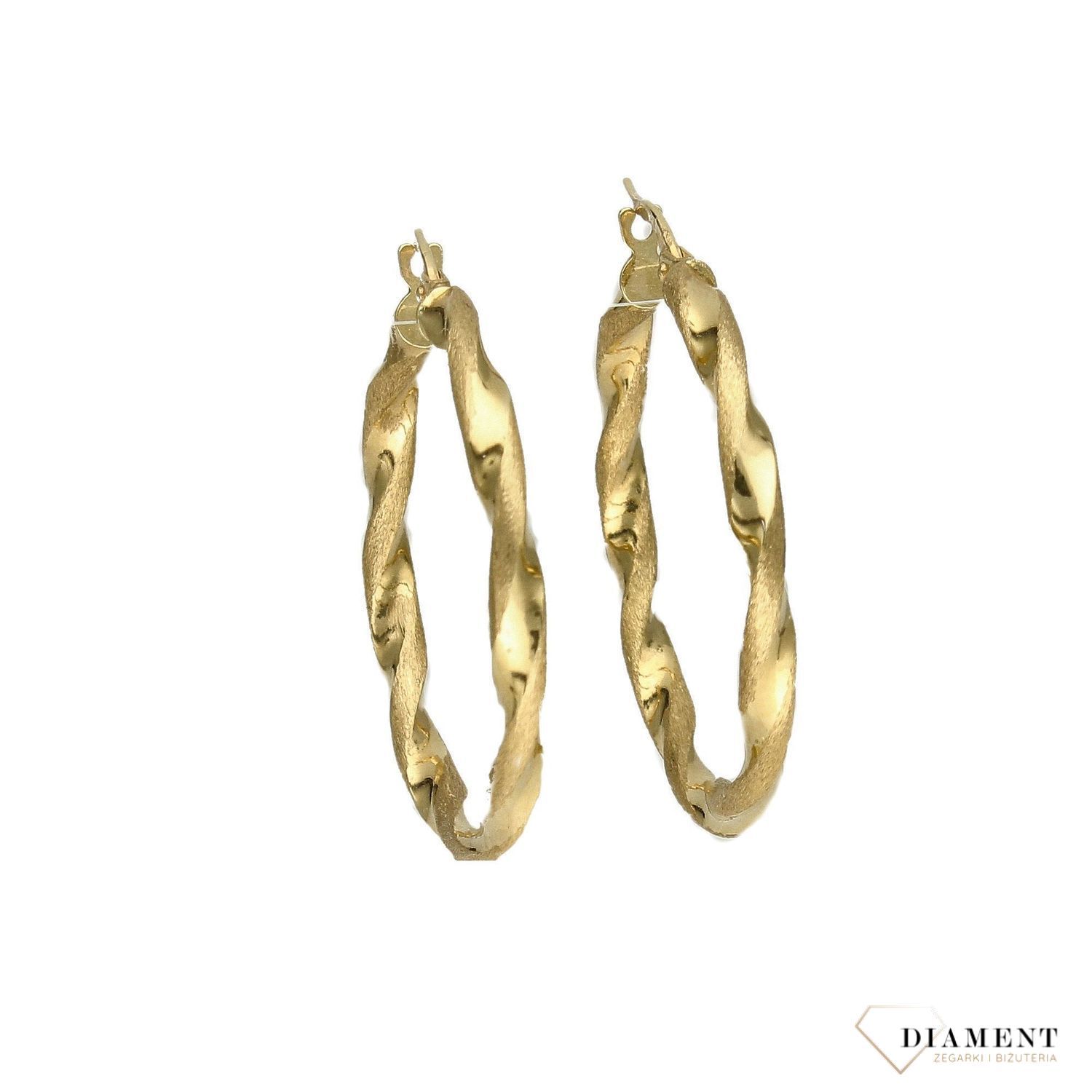 Złote kolczyki koła 585 skręcone z matowym wykończeniem KLC-000000-154-585.jpg