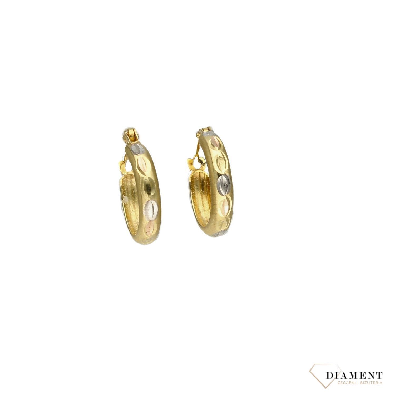 Złote kolczyki kółka 585 piaskowane z trzema kolorami złota KLC-000000-167-585.jpg