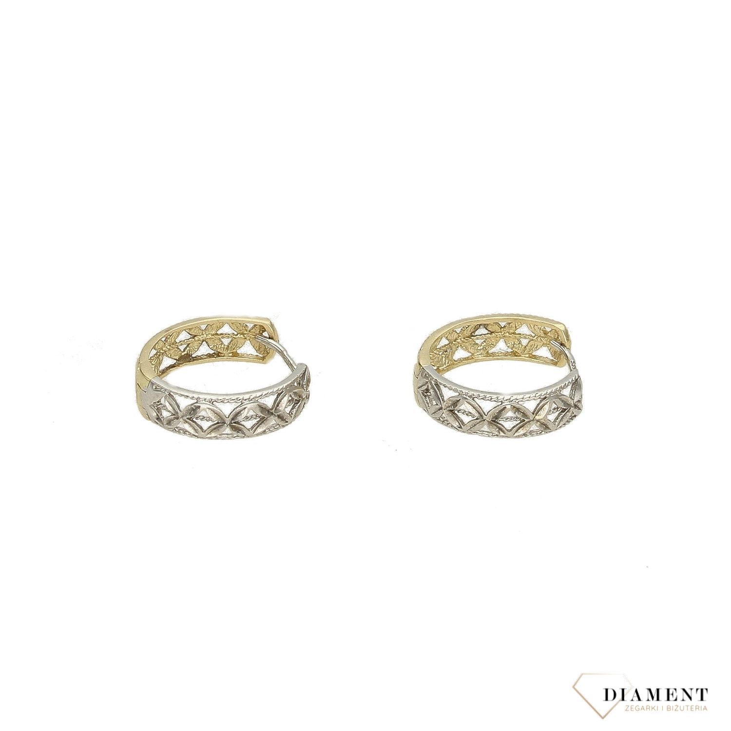 Złote kolczyki koła Apart 585 z białym złotem ażurowe, diamentowane 1,5 cm.jpg