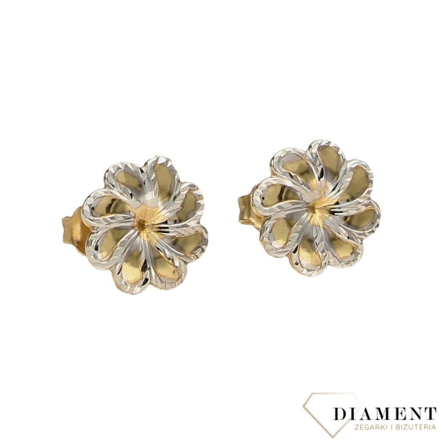 Złote kolczyki 585 kwiatki zdobione białym złotem.jpg