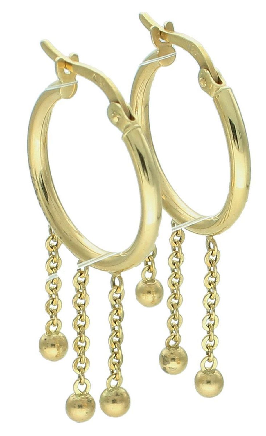 Kolczyki złote 585 koła z kuleczkami na łańcuszku KLC-000000-391-585 Damskie kolczyki wykonane ze złota próby 585. Kolczyki delikatne kółeczka z wiszącymi trzema 1.jpg