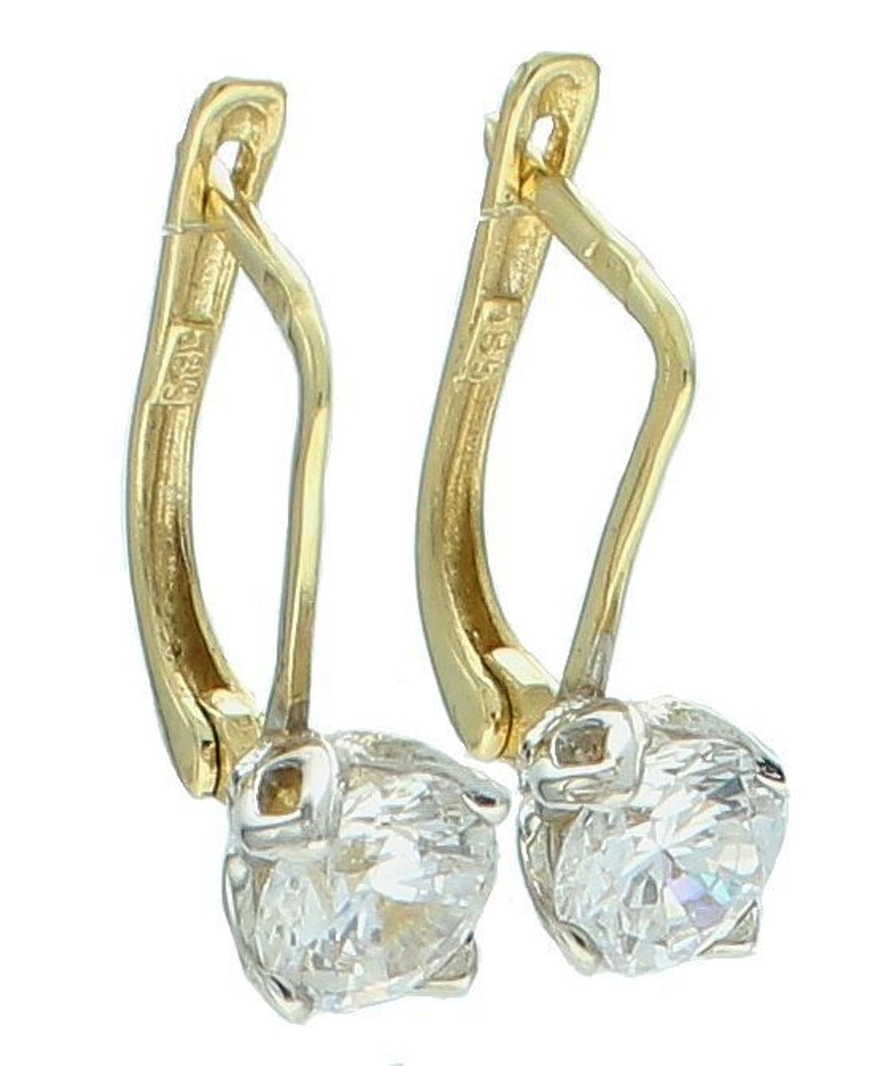 Kolczyki złote damskie z okrągłą cyrkonią w łapkach próba 585. Au.jpg