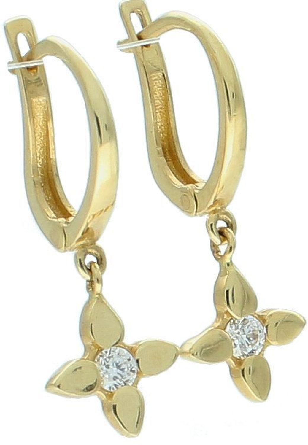 Kolczyki złote 585 damskie z wiszącym kwiatkiem. Eleganckie, złote kolczyki z cyrkonią i zapięciem angielskim to ponadczasowy wybór, który doda blasku każdej stylizacji. Wykonane z wysokiej jakości złota próby 5851 1.jpg